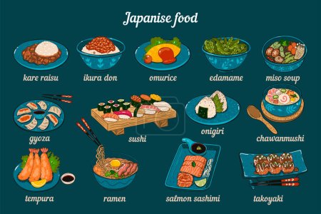 Un ensemble de plats japonais avec inscriptions. Image vectorielle.
