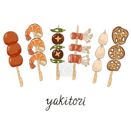 Conjunto de diferentes yakitori aislados sobre fondo blanco. Imagen vectorial