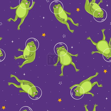 Seamless pattern with frogs in space. Vector image.