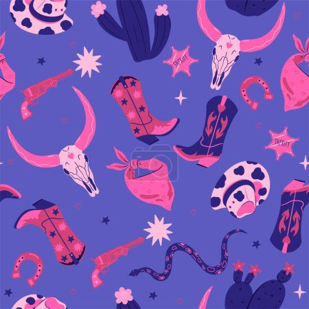 Illustration for Seamless pattern in wild west style in pink and blue colors with cowboy items. Vector image. - Royalty Free Image