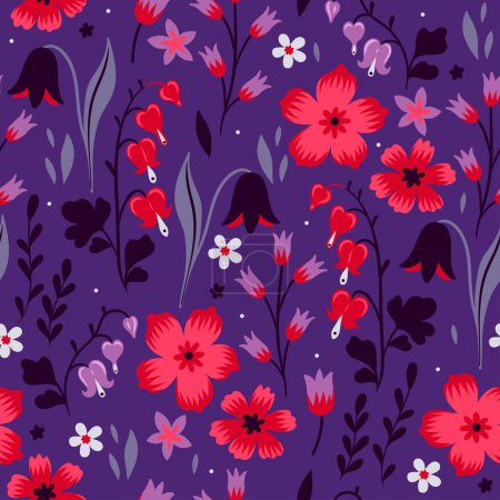 Ilustración de Seamless pattern with flowers in red-violet colors. Vector image. - Imagen libre de derechos