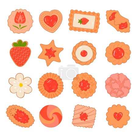 Téléchargez les illustrations : Ensemble de biscuits aux fraises vue du dessus isoler sur fond blanc. Image vectorielle. - en licence libre de droit
