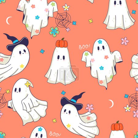 Illustration for Seamless pattern with magical cute happy ghosts. Vector image. - Royalty Free Image