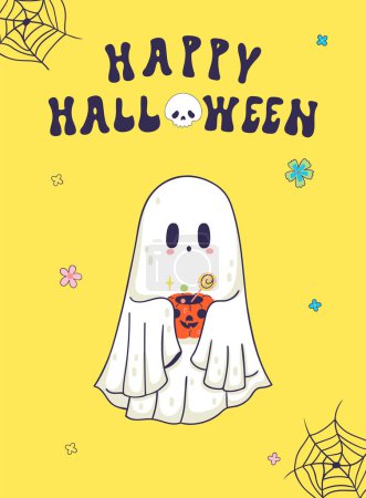 Illustration for Fun Halloween card with cute ghost. Vector image. - Royalty Free Image
