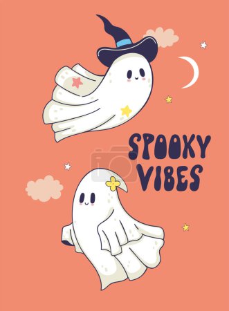 Illustration for Fun Halloween card with cute ghosts. Vector image. - Royalty Free Image