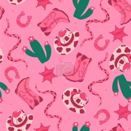 Patrón sin costura rosa de moda con botas de vaquero, serpientes, sombreros, cactus. Imagen vectorial.