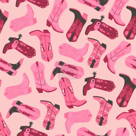 Patrón sin costuras en colores rosados de moda con botas vaqueras. Imagen vectorial.