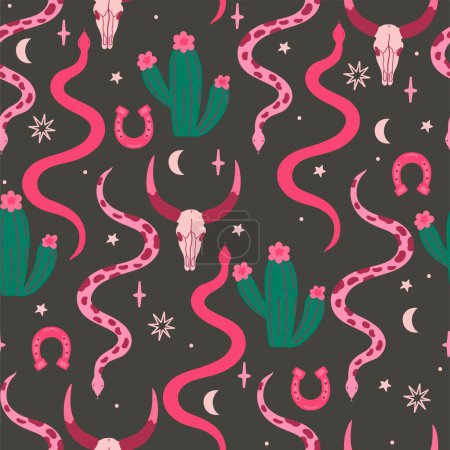 Téléchargez les illustrations : Wild West motif sans couture avec crânes, serpents, cactus. Image vectorielle. - en licence libre de droit