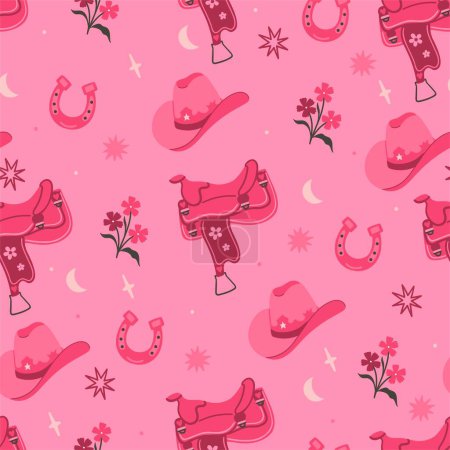 Téléchargez les illustrations : Modèle sans couture dans des couleurs roses avec des chapeaux de cow-boy, des selles et des fers à cheval. Image vectorielle. - en licence libre de droit