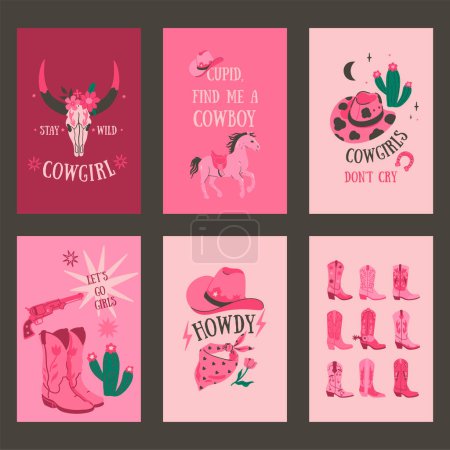 Téléchargez les illustrations : Un ensemble de cartes ou d'affiches aux couleurs roses dans le style cow-girl. Image vectorielle. - en licence libre de droit