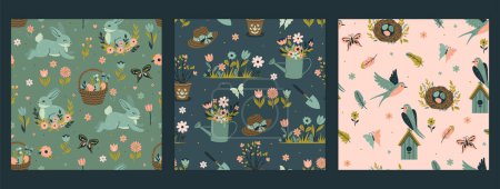 Ilustración de Conjunto de patrones sin costura de primavera con golondrinas, conejos, flores, herramientas de jardín. Imagen vectorial. - Imagen libre de derechos