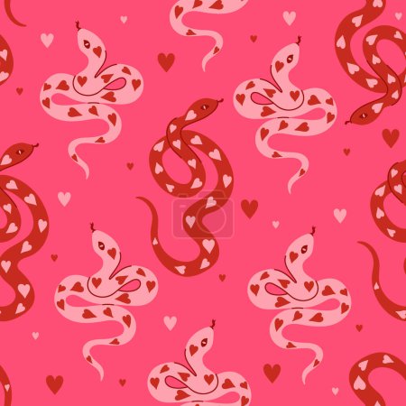 Téléchargez les illustrations : Modèle sans couture de serpents avec des coeurs de couleurs rose-rouge. Image vectorielle. - en licence libre de droit