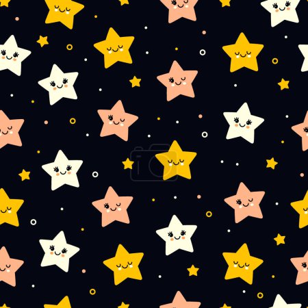 Téléchargez les illustrations : Modèle sans couture avec des étoiles mignonnes sur un fond noir. Image vectorielle. - en licence libre de droit