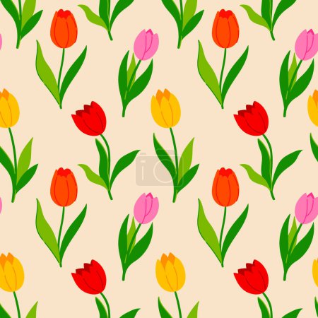 Seamless pattern with multi-colored tulip flowers. Vector image.