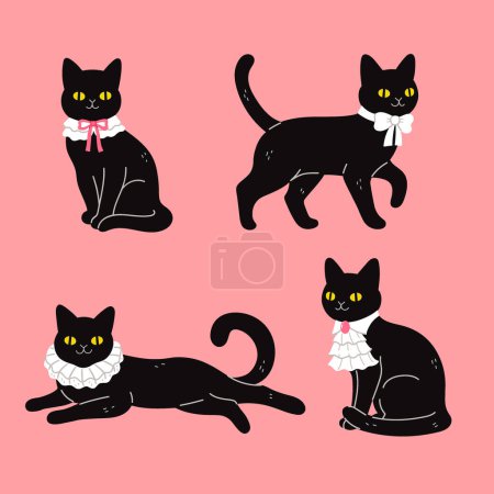 Ein Set niedlicher schwarzer Katzen in luxuriösen weißen Halsbändern. Vektorbild.