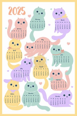 Eine Seite 2025 Kalender mit niedlichen Katzen. Vektorbild