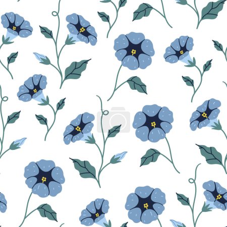 Seamless pattern with blue bindweed flowers on a white background. Vector image