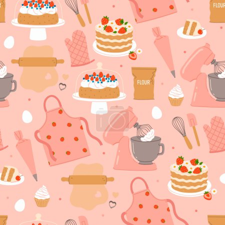 Seamless pattern of confectionery preparation items. Vector image.