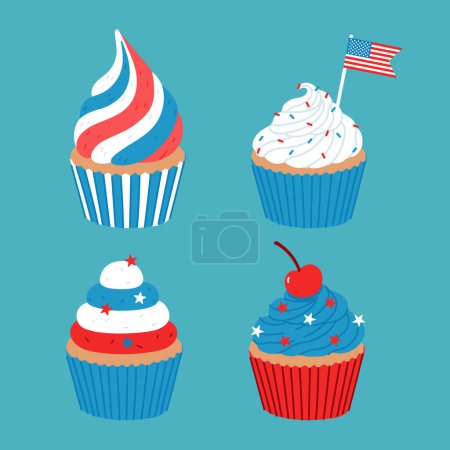 Set de cupcakes tricolor 4 de julio. Imagen vectorial.