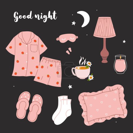 A set of items for a cozy bedtime. Vector image.