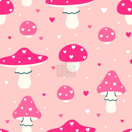 Seamless pattern with pink fly agarics in hearts. Vector image.