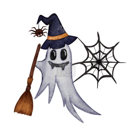 Watercolor Halloween ghost in hat with a face. Hand drawn isolated on a white background. High quality photo
