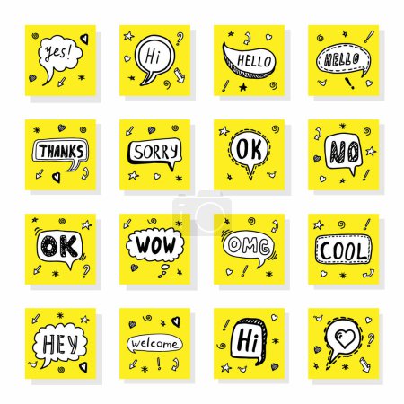 Conjunto de burbuja de voz linda con texto en estilo garabato Hola, ok, Adiós, Hola en amarillo. Vector. Ilustración vectorial