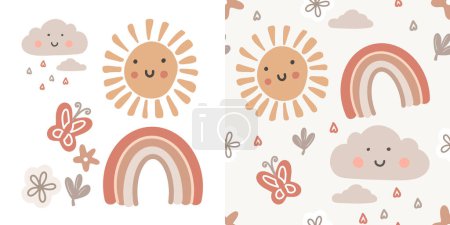 Cute cartoon boho nursery pattern. Vector print for wall decor in children bedroom. Seamless pattern with cartoon rainbow, sun and clouds. Vector illustration