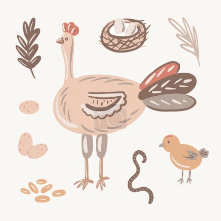 Ilustración de Set de vectores con gallinas lindas, pollitos, huevos, nido. Ilustración divertida de primavera o Pascua aislada en el fondo para niños. Paquete de iconos de aves de granja. Ilustración vectorial - Imagen libre de derechos