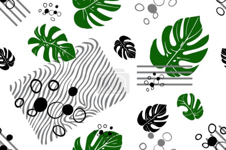 Modern seamless pattern with abstract palm leaves and geometric shapes. Creative floral surface design. Vector collage contemporary background. Vector illustration
