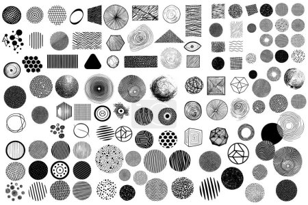Ilustración de Gran conjunto de formas negras abstractas gruesas texturas dibujadas a mano. Líneas, círculos, triángulos. Elementos dibujados a mano para su diseño gráfico. Ilustración vectorial - Imagen libre de derechos