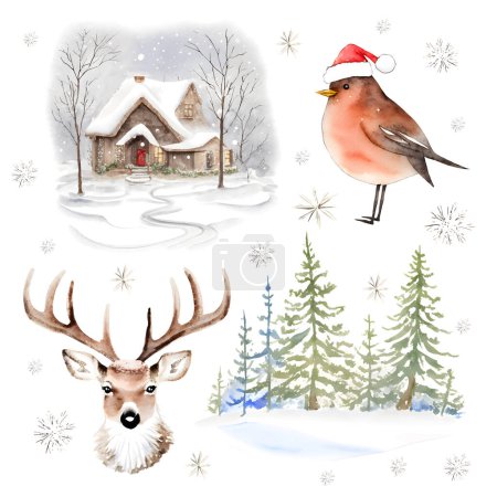 Téléchargez les illustrations : Aquarelle Joyeux Noël collection d'objets, arbres de Noël, cerf mignon, maison et oiseau dans le chapeau. Illustration vectorielle - en licence libre de droit