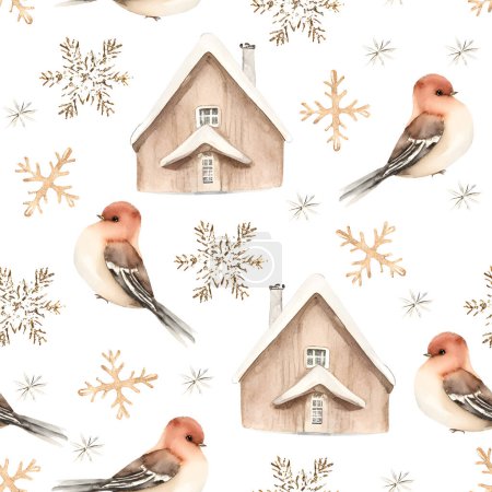 Illustration for Watercolor Christmas seamless pattern with birds and wood house in winter forest, new year background with snowflakes. Vector illustration - Royalty Free Image