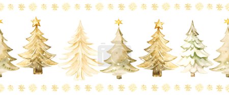 Téléchargez les illustrations : Aquarelle sans couture bordure de pin arbre de Noël en or, illustration vectorielle de rangée de sapin d'or dessinée à la main. Conception répétée de vacances d'hiver pour la décoration de Noël, bannières, rubans, cartes de vœux. Vecteur - en licence libre de droit