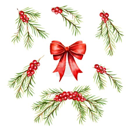 Ilustración de Holly, abeto, bayas rojas, lazo rojo de Navidad en el set para decoraciones navideñas. Vector acuarela. Ilustración vectorial - Imagen libre de derechos