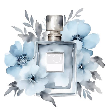 Watercolor bottle of blue perfume decorated flowers isolated on white. Vector illustration