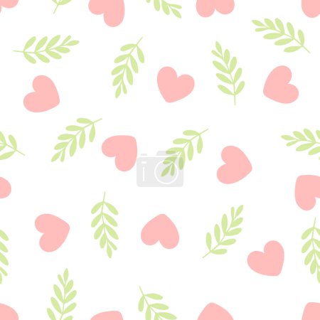 Illustration for Seamless romantic spring vibe pattern with hearts and leaves. Vector illustration - Royalty Free Image
