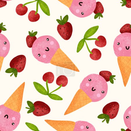 Illustration for Watercolor cute ice cream in waffle cone seamless pattern, strawberry and cherry vector background. Vector illustration - Royalty Free Image