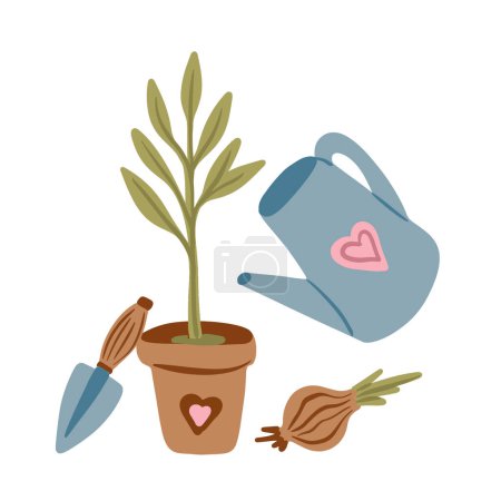 Illustration for Cute watering can with green plants growing, spring and gardening concept. Vector illustration - Royalty Free Image