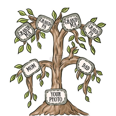 Cute cartoon illustration of a family genealogic tree, vector template for photo or text. Vector illustration