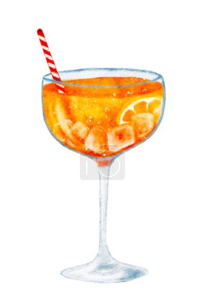 Bebida de cóctel naranja acuarela en vaso con hielo y rodaja de limón, cortada. Ilustración vectorial