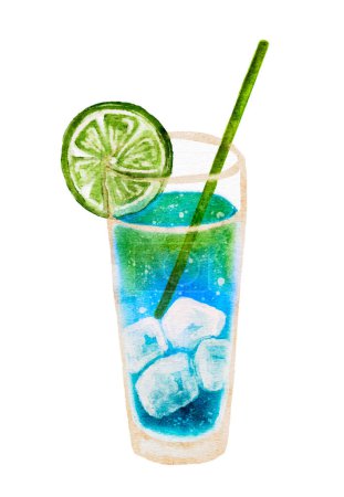 Cóctel de verano de cal azul y verde con hielo y paja, imagen de acuarela vectorial, hecha a mano no AI. Ilustración vectorial