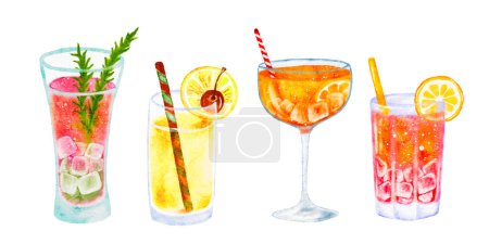 Acuarela conjunto de bebidas de verano, cócteles tropicales cortados de fondo. Mano dibujada no AI. Ilustración vectorial