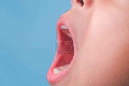 Nahaufnahme der Mundhöhle eines gesunden Kindes mit schönen Zahnreihen. Junges Mädchen öffnet Mund und zeigt obere und untere Zähne, Zahn- und Mundgesundheit.