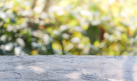 Foto de Borrosa mesa de madera abstracta verde frente al jardín en el telón de fondo de la mañana. - Imagen libre de derechos