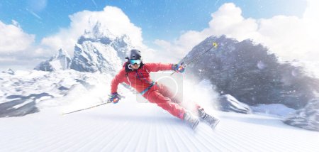 Photo for Rapid descent at high speed. Skier skiing on a sunny day in high mountains. Downhill. Ski skiing in mountains. Skiing descent at high speed. Snow dust. Sport - Royalty Free Image