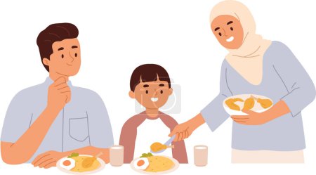Téléchargez les illustrations : Vector illustration of a muslim family enjoying food together on the table happily - en licence libre de droit