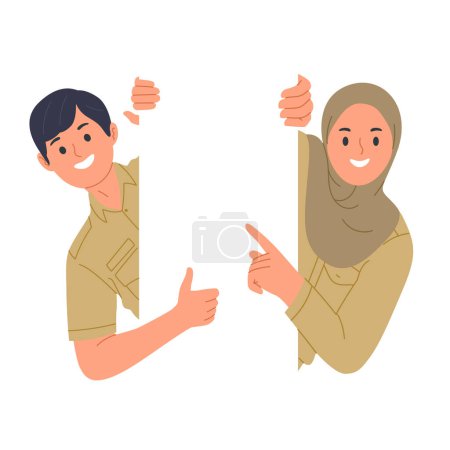 Illustration for Vector illustration of Indonesian civil servant greeting from behind a door or wall - Royalty Free Image