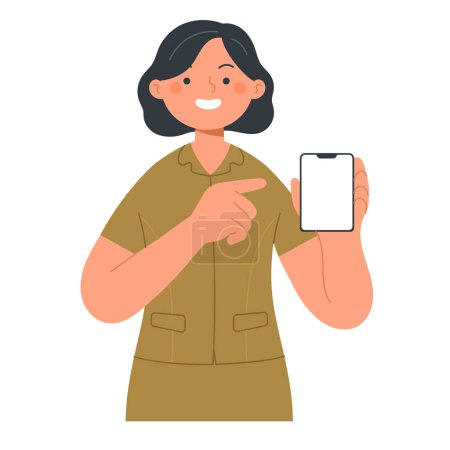 Illustration for Vector illustration of Indonesian civil servant posing with smart phone or tablet - Royalty Free Image