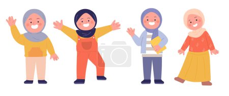 Téléchargez les illustrations : Illustration de dessin animé d'enfants musulmans heureux sur fond blanc - en licence libre de droit